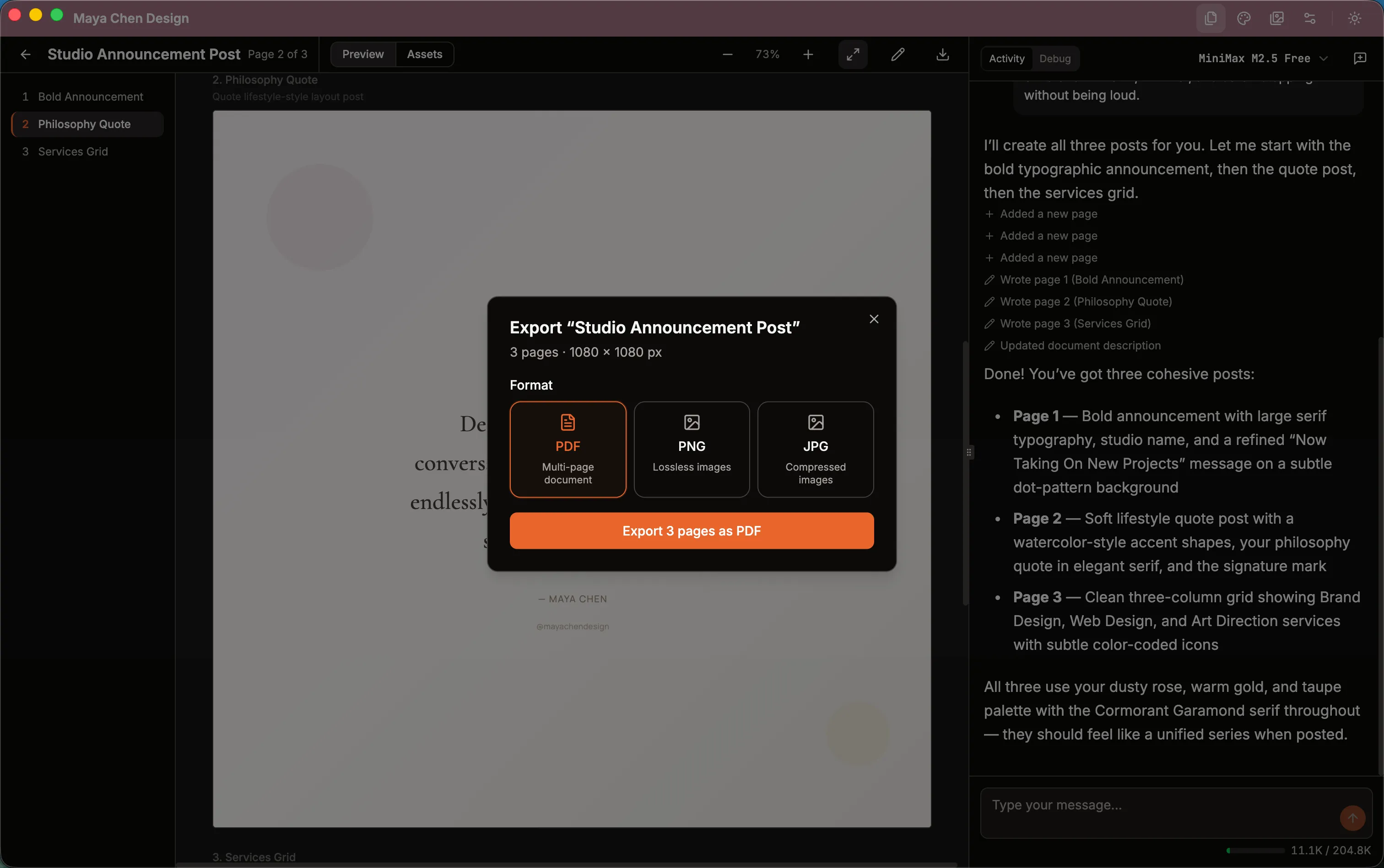 Litho exporting a finished document to PDF